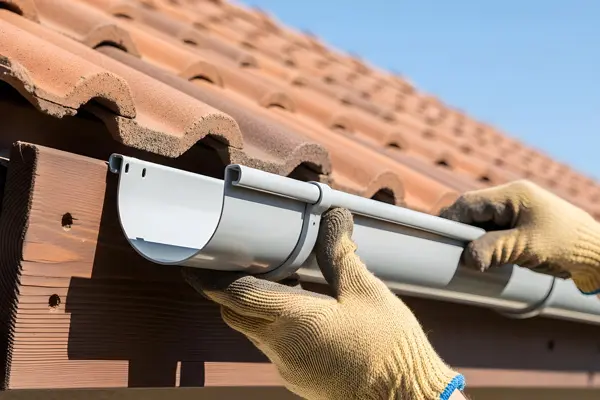 Photo Pose de gouttière en PVC gris pour la présentation grille