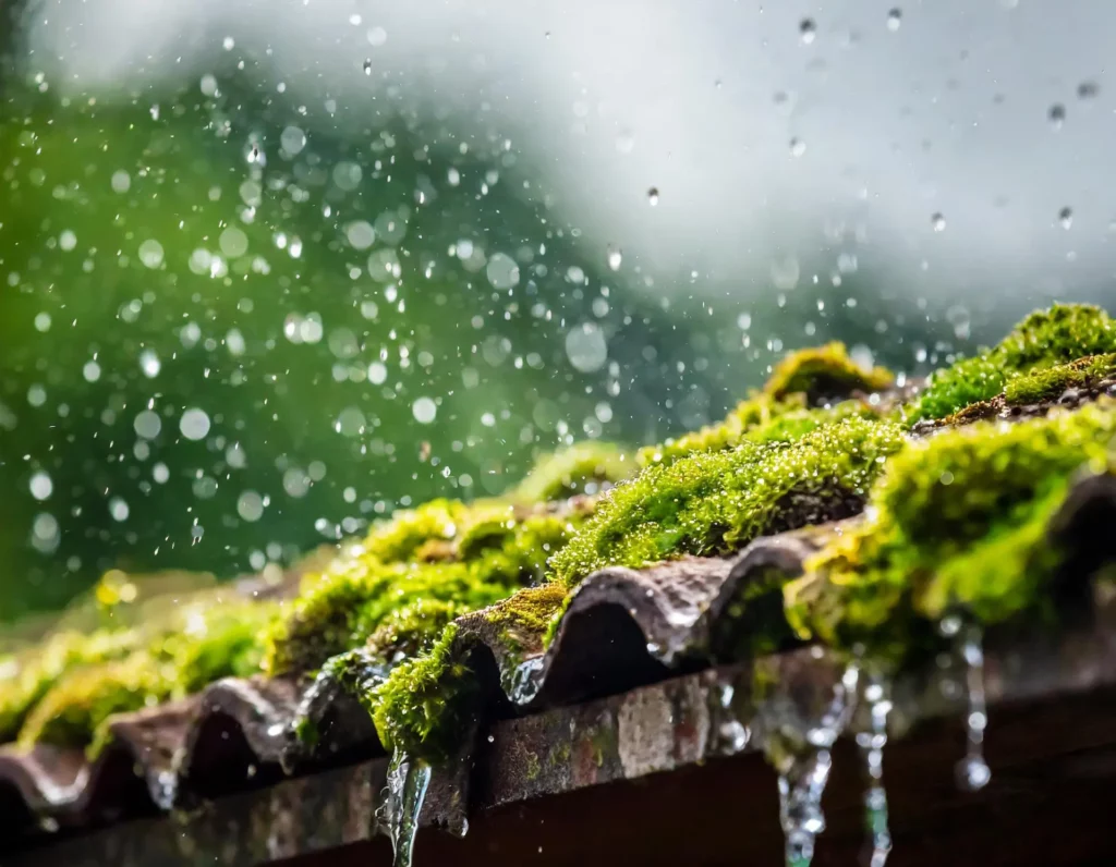 Photo toiture tuile remplie de mousse